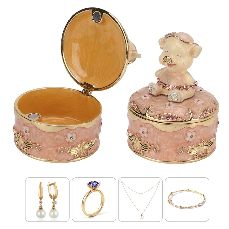 Pig Hinged Jewelry Box Hollow Design Cute Appearance Hand Painted