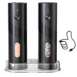 CIRCLE JOY Rechargeable Electric Salt and Pepper Grinder Set with Base, Automatic Pepper Mills Grinder with 110ml Container, Adjustable Coarseness, White Led Light and One-Handed Operation, Black