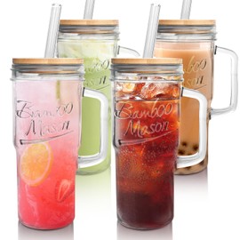 ANOTION Glass Cups with Lids and Straws - 24 oz Tumbler with Handle Christmas Coffee Cups Glass Straws Mason Jar Cups Drinking Set Kitchen Essentials Coffee Bar House Warming Gifts New Home