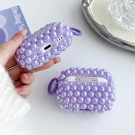 Cute Glitter Pearls Case for Airpods 4 Cover Girls Women, Soft Handmade Beads TPU Airpods 4th Generation Protective Cover with Cleaner Pen&Keychian for Air Pod Gen 4, Purple