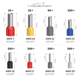 KabelDirekt 1200 Piece Ferrules Set - Insulated Sleeves for Cable Cross-Sections from 0.5-10mm2 Colour Coded Protective Collar (DIN 46228) - Firm, Splice-Free Connection for Cable Ends