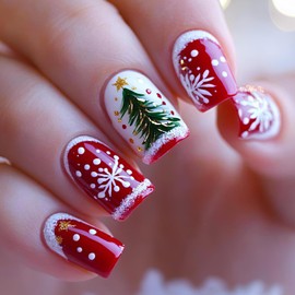 Christmas Press on Nails Square Shape Red Snowflake Press on Nails Cute Xmas Glue on Nails with Christmas Trees Design Winter False Nails for Acrylic Holiday Manicure Decorations for Women 24Pcs