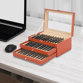 WANLECY 36 Pieces PU Leather Pen Box, 3 Levels with Drawers Fountain Pen Display Case Storage Organizer Box with Glass Window Gift for Friend (Orange)