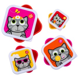TUM TUM Kinder Brotdosen Set - viereckiges Brotboxen Set (4 St) - für Schule, Kindergarten, Ausflüge - extra ineinander stapelbar - Frühstücksbox aus Kunststoff - BPA frei - Pausenbox (Katze Bluebell)