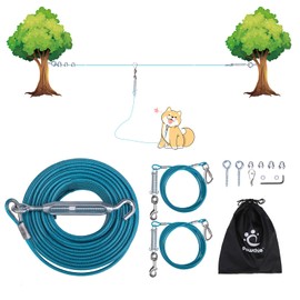 PAWCHIE Heavy Duty Dog Tie Out Trolley System, Dog Run Cable Lead 100ft with 20ft Pulley Runner Line for Small Medium and Large Dogs Up to 250lbs Running Outside Yard, Backyard, Camping, Blue
