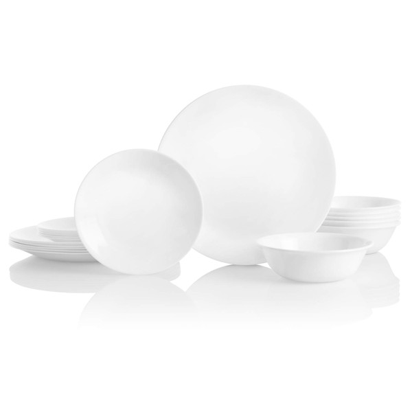 Corelle 18-Piece Service for 6 Dinnerware Set, Triple Layer Glass and Chip Resistant, Lightweight Round Plates and Bowls Set, Winter Frost White