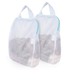 OTraki Laundry Net Medium with Handles, 2-Piece Set, 25.4x30.5cm, Laundry Bag, White, Non-Fluorescent, Hand-Held, Fine Mesh, High-Durability Zipper, Protective Cover, Durable, Prevents Clothing Damage