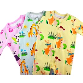 HippoHugs Organic Cotton Baby Footie Onesie, My Little One and Me Animal Print, Hidden Zipper, Non-Slip Feet (Yellow Bunny, 6-9 Month)