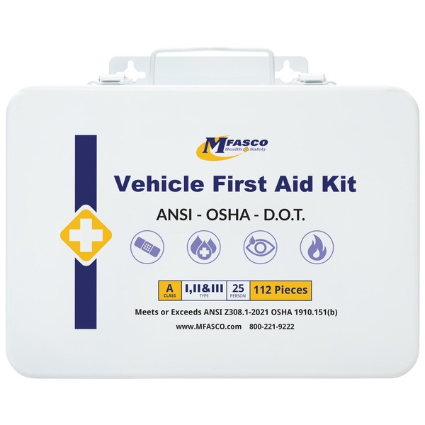 MFASCO Vehicle First Aid Kit - Compact Metal Kit - Portable & Mountable - Safety Kit for Commercial Vehicles & Workplace - DOT ANSI OSHA Compliant - Includes 112 Pcs Work Essential First Aid Supplies