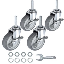 Finnhomy Caster Wheels 3 Inch Set of 4 Heavy Duty Threaded Stem Casters 3/8"-16x1-1/2 Swivel Rubber Industrial Castors Locking Wheels for Wire Shelving/Furniture/Carts Load Bearing 720 Lbs Gray