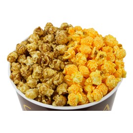 Signature Popcorn – 1-Gallon Gold Chicago Skyline Reusable Bucket Tin, Half Caramel and Half Cheddar Gourmet Popcorn, Gluten-Free Snack, Holiday, Party & Corporate Gift