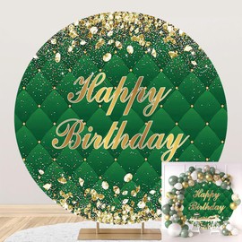DORCEV 7.5x7.5ft Polyester Green Happy Birthday Round Backdrop Cover Gold Sequins Glitter Green Diamond Texture Photography Backdrop Background Banquet Dinner Kids Adults Birthday Party Decor Supplies