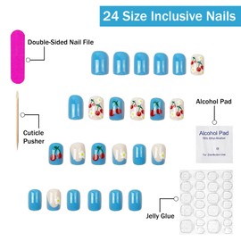 Press on Nails Short Square SWEKKE Blue French Tip Fake Nails Cute Nails False Nails with Cherry Sun Flower Designs Glossy Glue on Nails Summer Spring Stick on Nails for Women Girls 24 Pcs