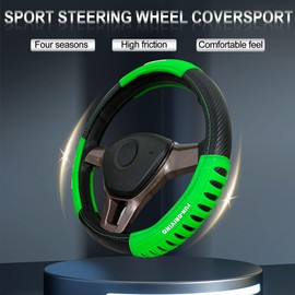 Sport Race Black Carbon Fiber Leather Steering Wheel Cover Bright Green Grip Strip Anti-Slip Breathable Universal Fit 14.75-15 inch Steering Wheel