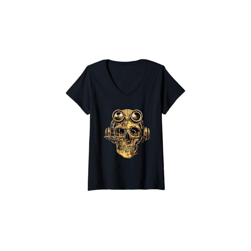 Womens Steampunk Zombie Skull V-Neck T-Shirt