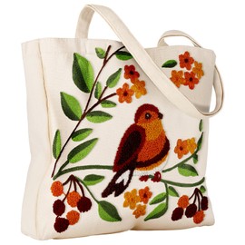 Miss Adola Aesthetic Embroidery Tote Bag for Women - Reusable Canvas Cloth Shoulder Bag with Cute 3d Bird Plants Embroidered Designer Shopping Bag for Grocery, Work, Book, Vacation