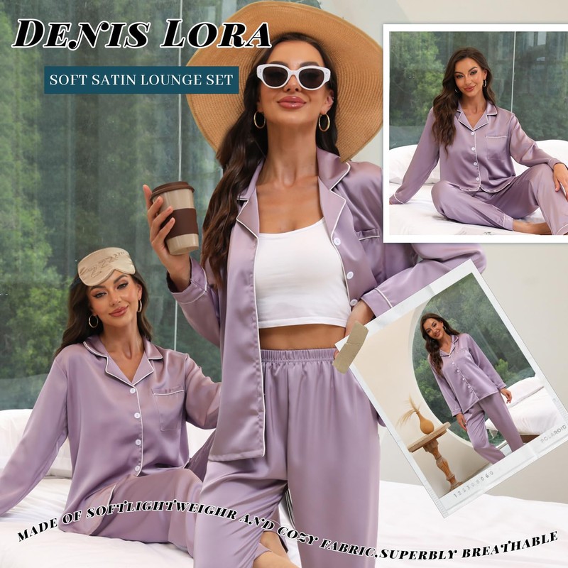 Denis Lora Silky Pajamas for Women Satin Button Up Long