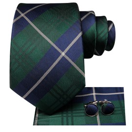 Hi-Tie Men 63inches Tie Set Extra Long Necktie Paisley Tie Pocket Suqare Cufflinks Big and Tall Men Tie,Blue Green Plaid