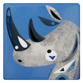 Colourful Coasters with Cork, Designer Pete Cromer, Animal Motif, Ceramic Coaster for Coffee & Tea Cups, Glasses or Hot Drinks, 9.5 cm Long (Rhino (Blue)
