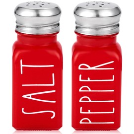 Red Salt and Pepper Shakers Set by Brighter Barns - Farmhouse Red Kitchen Decor and Accessories for Home Restaurants Weddings - Cute Modern Glass Christmas Red Shaker Sets & Stainless Steel Lid (Red)