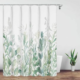 IGINOA Shower Curtain Green Anti-Mould 180 x 180 cm Bath Curtain White Shower Curtains Waterproof with Eyelets Motif Mould Resistant Bath Curtain Plants Washable Shower Curtains Bath Curtain