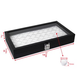 Mooca Removable Black Glass Top Jewelry Display Case Box 50 Gem Jars, Ring Box, Jewelry Organizer, Gem jar storage for Jewelry, Glass Display Box with White Gem Jar, 14.75"W x 8.25"W x 2.13''H