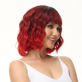 Luxiremi Wigs Red Black to Red Short Shoulder Length Curly Wavy Wig Bob with Fringe Synthetic Cosplay Wig for Women