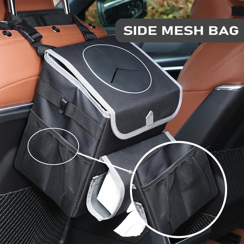 upra Car Trash Can with Lid,Bag Hanging Storage Pockets,Adjustable Tissue