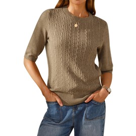 Arach&Cloz Women's Wool Blend Short Elbow Sleeve Tops Old Money Summer Crew Neck Cable Knit Fall Dressy Casual Pullover Fashion Outfits Sweater 2025 Brown XL