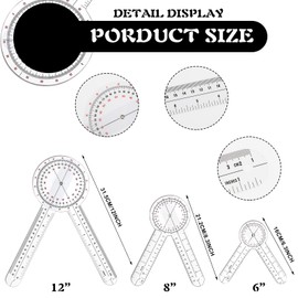 Prasacco Goniometer Set, 3 Pcs of 6/8/12 Inch Physical Therapy Protractor Tool Protractor Angle Ruler Measuring Tool Plastic 360 Degree Goniometer for Body Measuring Tape Goniometer Protractor Ruler