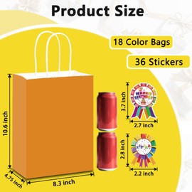 Slivax 36 Packs Paper Gift Bags with Handles,8.3"x4.75"x10.6"Medium Size Kraft Paper Bags Bulk,18 Premium Colors,Attached with Two Types of Stickers Totaling 36 Packs.for Kids Birthdays,Party,Celebrations,Retail,Weddings,and Crafts