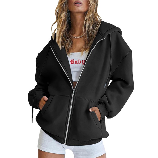 ATHMILE Womens Zip Up Y2K Hoodies Long Sleeve Fall Oversized Casual Sweatshirts Jacket with Pocket 2023 Trendy Clothes Black