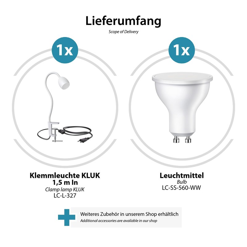 ledscom.de KLUK GU10 Clamp Light with Gooseneck White with GU10