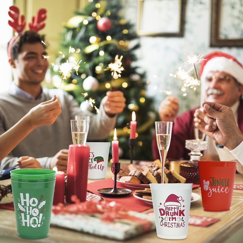Cosiesnest 12Pcs Reusable Christmas Plastic Cups 450ML Red Party Cup
