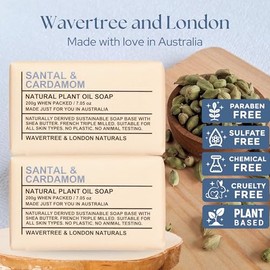 Wavertree & London Santal & Cardamon Triple Milled 7oz. soap bars (2). 100% Naturally derived