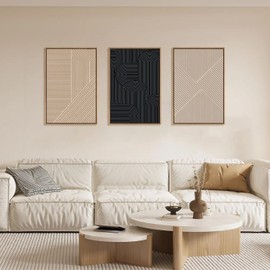 LHIUEM Large Neutral Minimalist Line Framed Canvas Wall Art Set,Boho Black and Beige Wall Decor,Abstract Geometric Modern Art Painting Painting for Living Room,Bedroom,Dining Room,Office -16"x24"x3