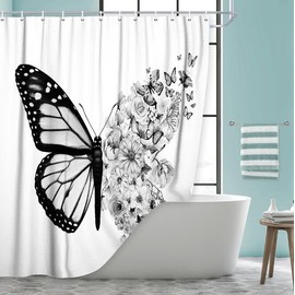 Coveimes Black White Butterfly Shower Curtain, Full Bloom Floral Retro Butterflies Flowers Aesthetic Bath Curtain, Waterproof Fabric Bathroom Curtain Sets with Hooks