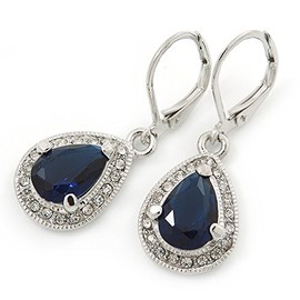 33mm L/Montana Blue/Clear Crystal/CZ Drop Earrings With Leverback Closure/Rhodium Plated