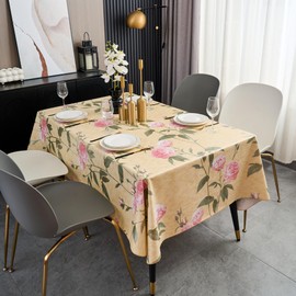 Vinyl Tablecloth with Flannel Backing - Waterproof, Oil-Proof, Easy to Clean -Plastic Table Cloth - Perfect for Dining Tables, Kitchen Tables, Parties (Beige Flower, 54×72 Inch Rectangular)