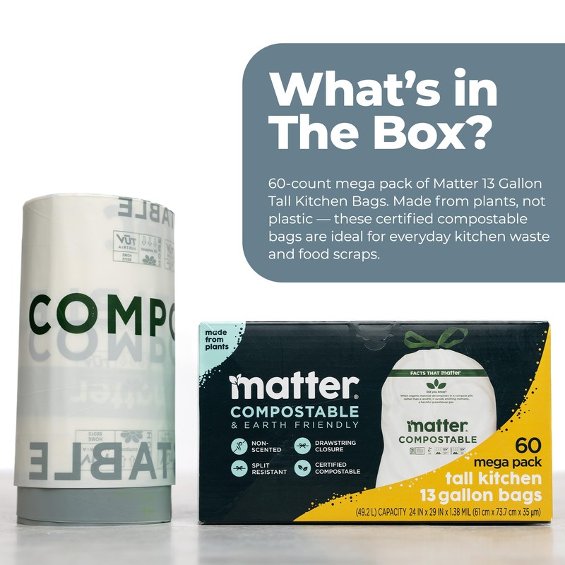 Matter Compostable 13 Gallon Tall Kitchen Trash Bags with Drawstring,
