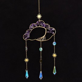 Crystal Moon Suncatcher for Window - 7 Chakra Hanging Tree of Life Natural Healing Stones Wind Chimes Dream Catcher Rainbow Maker Good Luck Decor for Car Home Garden-Purple