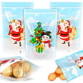 Capoda 100 Pcs Christmas Gift Bags Resealable Clear Christmas Pouch Xmas Plastic Bags Santa Favor Pouch for Xmas Winter Party