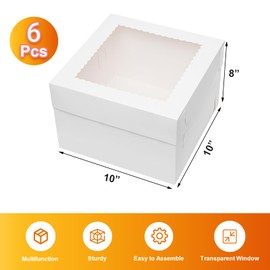 Wowxyz Cake Boxes 10x10x8 Inches 6 Pack Bakery Boxes with window for Tier Cakes 10 Inch Layer Tall Baking Carrier White Cardboard Bakery Take Out Transport Containers for Wedding, Birthday, Party