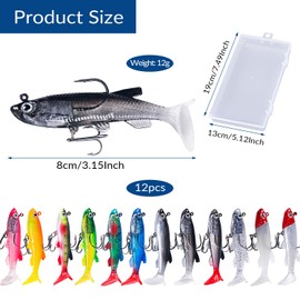 Pack of 12 Rubber Fish Fishing Lures Fishing Accessories Bionic Bait Rubber Bait Set Double Hook T-Tail Soft Bait Built-in Leader Block Fishing Lure