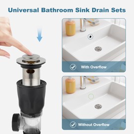 iFealClear Bathroom Sink Drain Kits, Flexible P-Trap Drain Pipe with Pop Up Stopper, Bathroom Sink Pipe Tube Replacement with 2 Adapters, Fits 1-1/4'', 1-1/2'', 2" Holes, Hair Catcher, Brushed Nickel