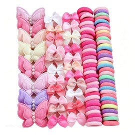 MAIKAOZAI 230 Pcs Girls Hair Accessories Set, Includes Colorful & Pink Hair Ties, Satin Bow Ties, Pearl Butterfly Hair Clips – Kids Hair Bows & Clips