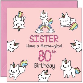 80th Sister Birthday Card - Funny Cat Cute Sister's Birthday Card for 80 Year old Eighty Eightieth