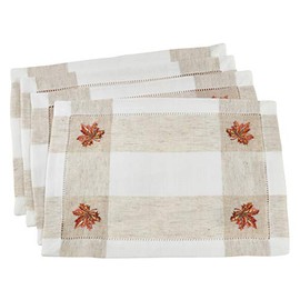 SARO LIFESTYLE 2231.I1419B Hommage Brodé Collection Embroidered Leaf Hemstitch Placemats (Set of 4) 14" x 19" Ivory