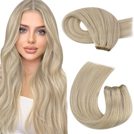 Moresoo Weft Hair Extensions Human Hair Blonde Highlights Sew in Hair Extensions for Women Real Human Hair Bleach Blonde with Ash Blonde Hair Extensions Weft 100g 16inch
