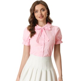 Allegra K Women's Vintage Peter Pan Collar Tie Neck Casual Cute Cotton Button-Up Shirt Medium Pink